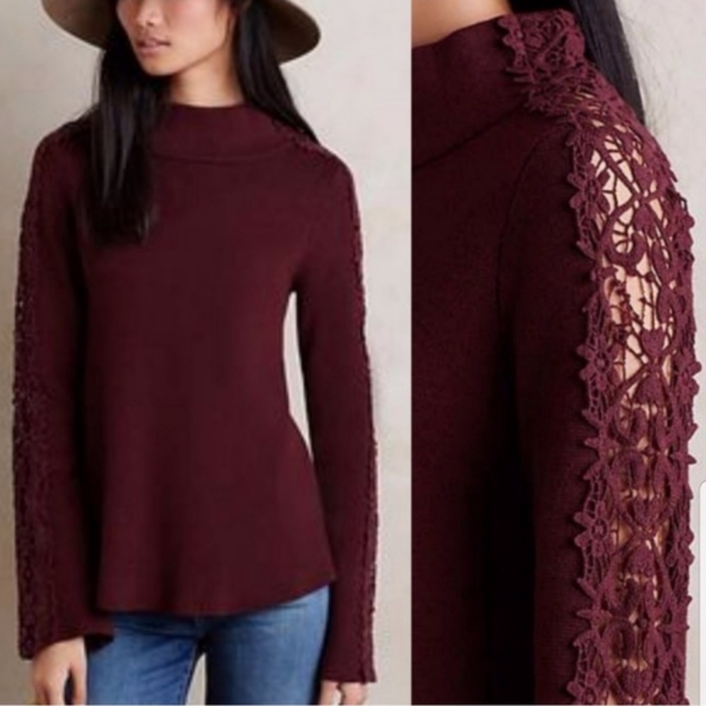 Anthropologie Knitted Knotted Burgundy Lace Small Sweater